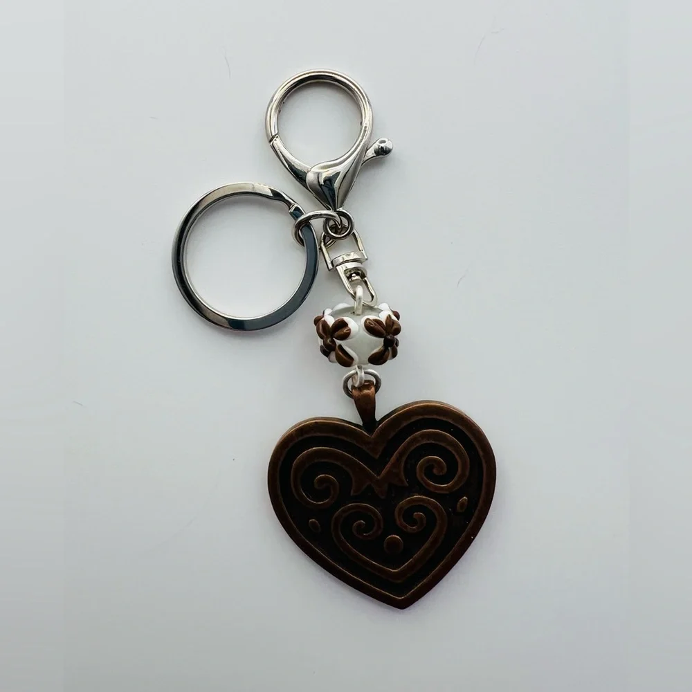 Hand Crafted Heart Keychain with Brown and White Bead